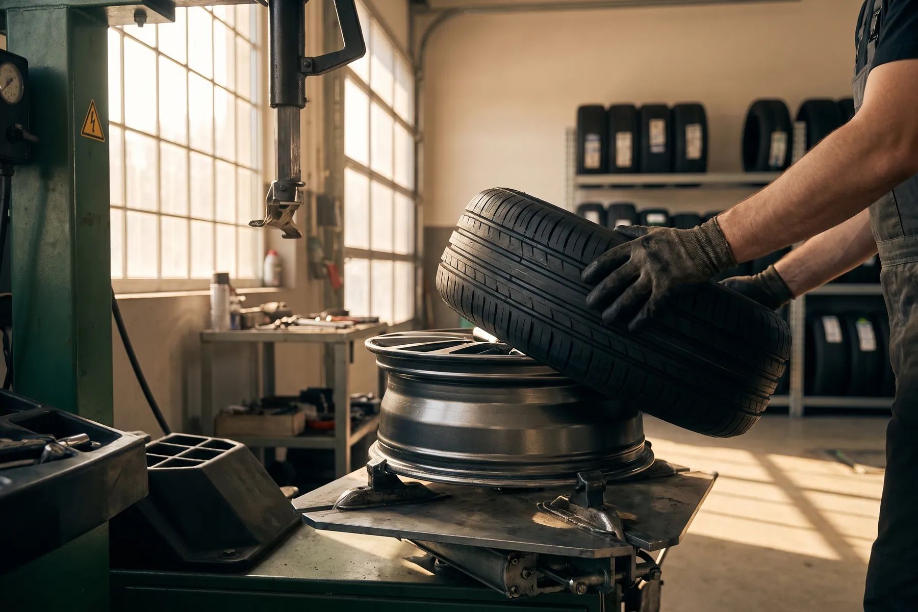A technician mounting a new tire onto an alloy wheel in a workshop
